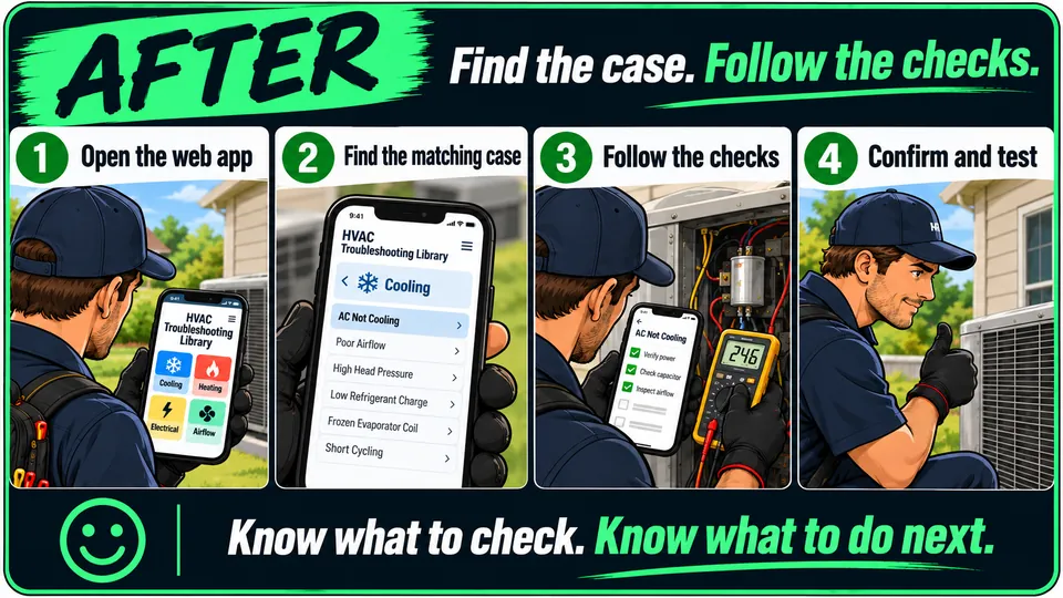 After: the technician opens the web app, finds the matching case, follows the checks and confirms the fix.