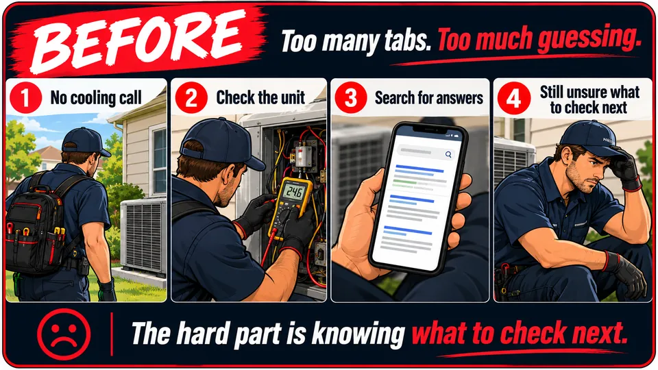 Before: too many tabs, too much guessing. The technician checks the unit, searches for answers and is still unsure what to check next.