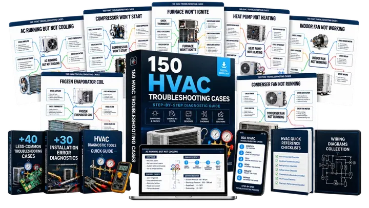 150 HVAC Troubleshooting Cases digital product: mind maps, diagnostic cards, wiring diagrams and checklists shown on laptop, tablet and phone